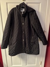 Coldwater Creek Women Black Quilted Car Coat Detachable Hood Zip Pockets Pl Nwot