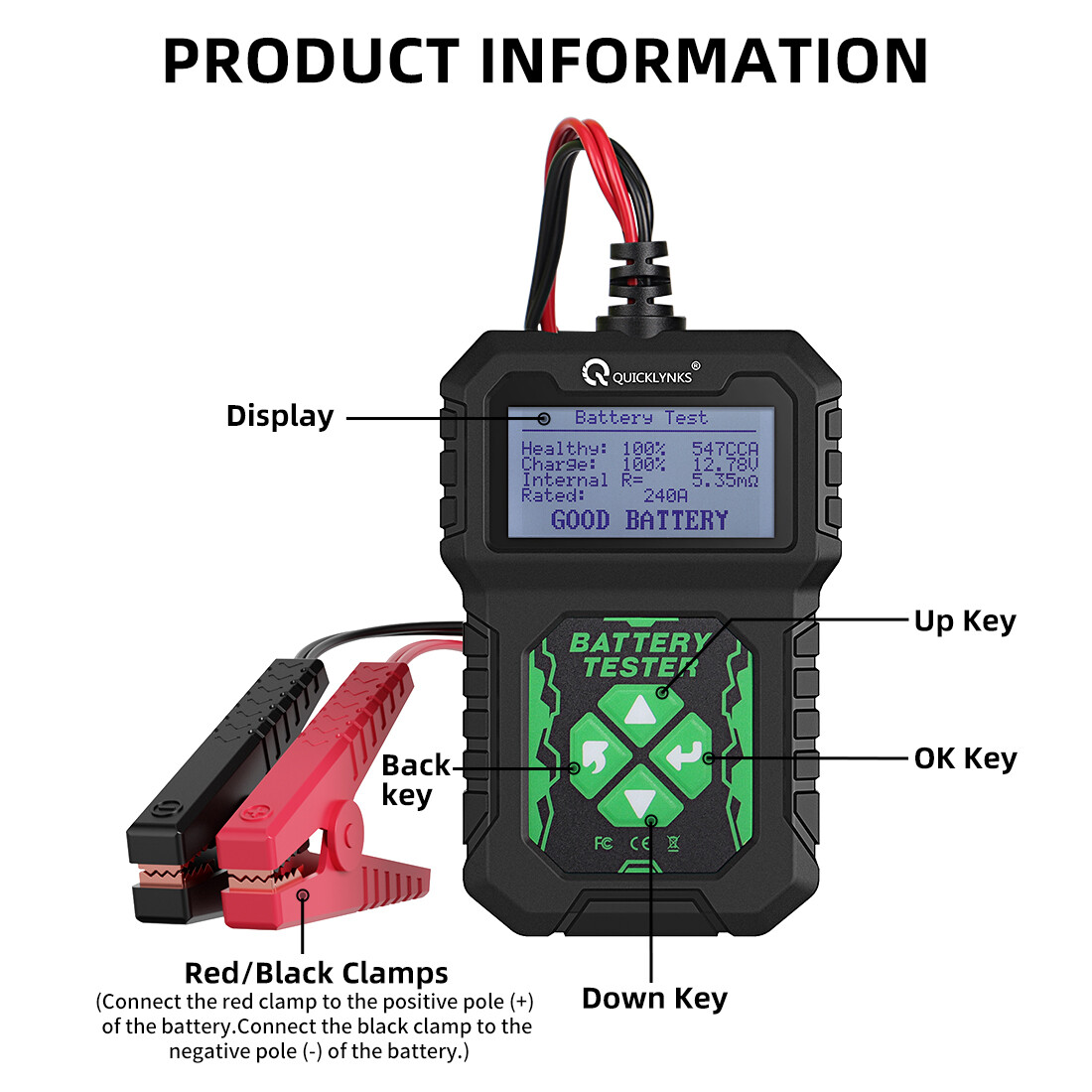 QUICKLYNKS BA107 Battery Load Tester 12V Car Battery Tester LCD Display 2000CCA