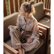 Turndown Collar Brown Plaid Pajama Sets.Vintage Toddler Kid  s Pyjamas Sleep