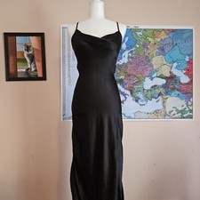 Black Satin Cowl Neck Midi Dress Medium 
