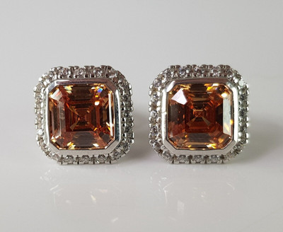 Sterling Silver 925 Art Deco Cognac Crystal Princess Cut Halo Stud Earrings