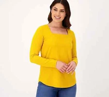 Attitudes by Renee Washed Cotton Long Sleeve Top - Golden (Sz L) a549012 -