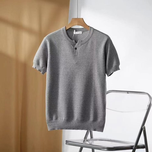 2025 Print Casual Men's Fashion Henry Collar T-shirt Solid Color Shirt Business