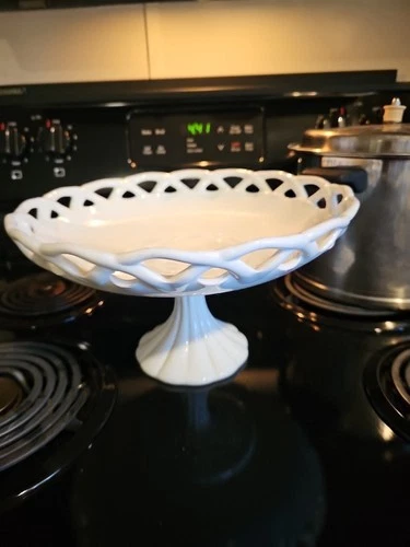 Vintage White Milk Glass Fruit Bowl on Pedestal Lattice Edge