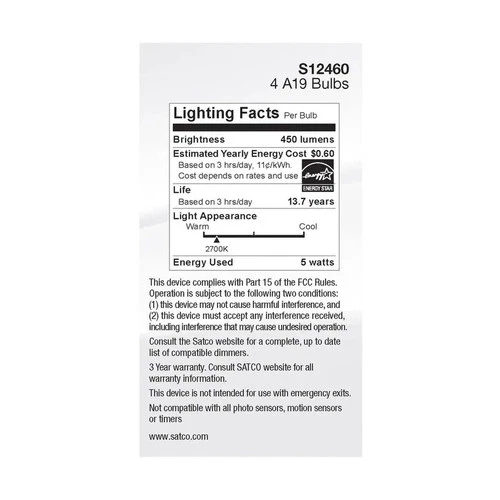 5W A19 LED - Clear - 2700K - Medium Base - 120V - 4-PACK - Picture 5 of 7