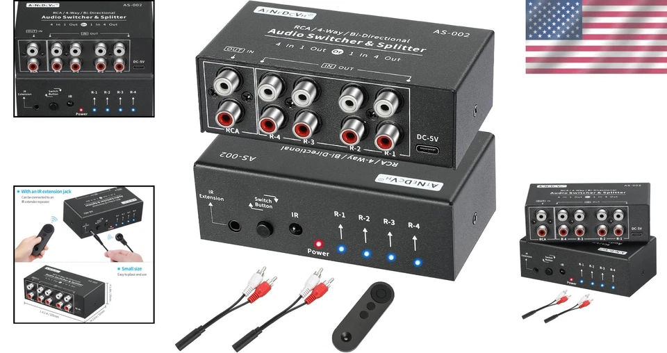 Aluminum Bi-Directional Audio Switcher with Remote Control & Compact Design - Image 2 of 4