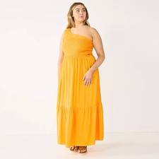 Nine West Plus Size One-Shoulder Smocked Maxi 4XL Liquid Gold Dress NWT