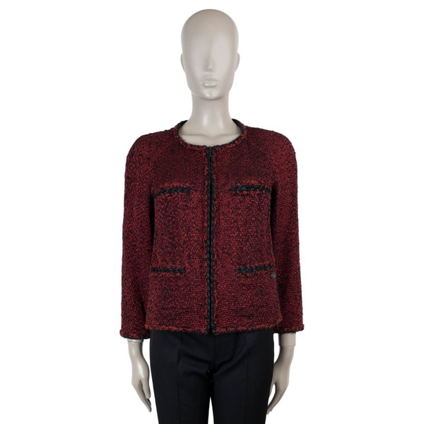 Chanel Red Black Wool Tweed Collarless Jacket 40 M