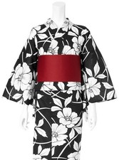 Japanese Yukata Set Monotone Camellia Floral Kimono Black White Red Obi DDP USA