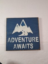 ADVENTURE AWAITS BLUE & WHITE WOODEN SIGN SEVEN ANCHOR USA MADE