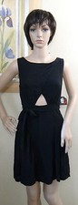 GUESS black sleeveless peek-a-boo front cut faux wrap top A line belted dress,S