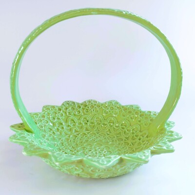 Vintage Lime Green Ceramic Crochet Basket Ruffled Edge 1980s
