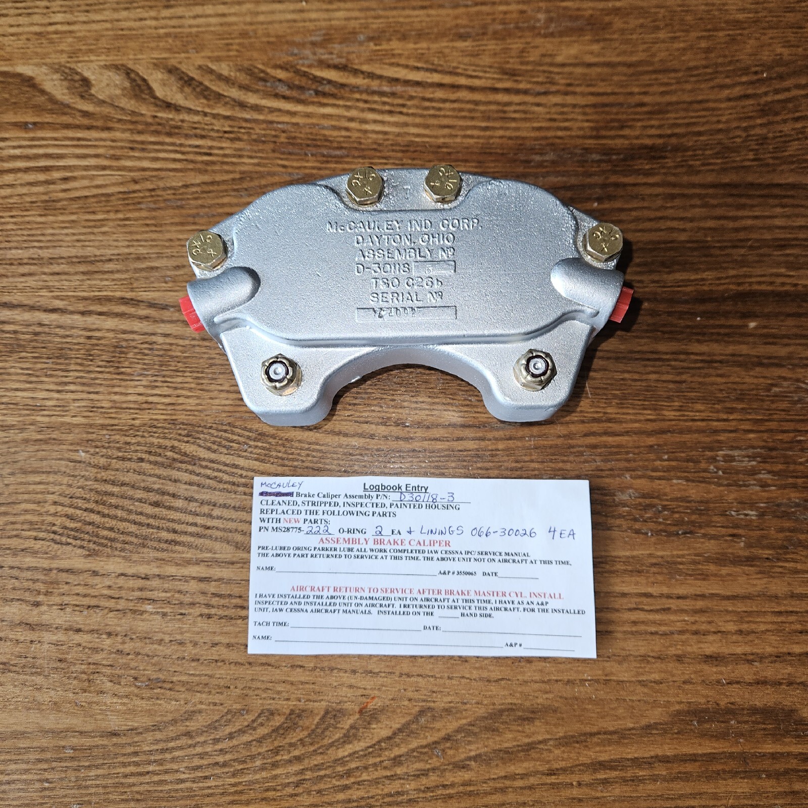 Cessna 185,  206, 210, BRAKE CALIPER D-30118-3 Overhaul & Signed Off. FAA A&P