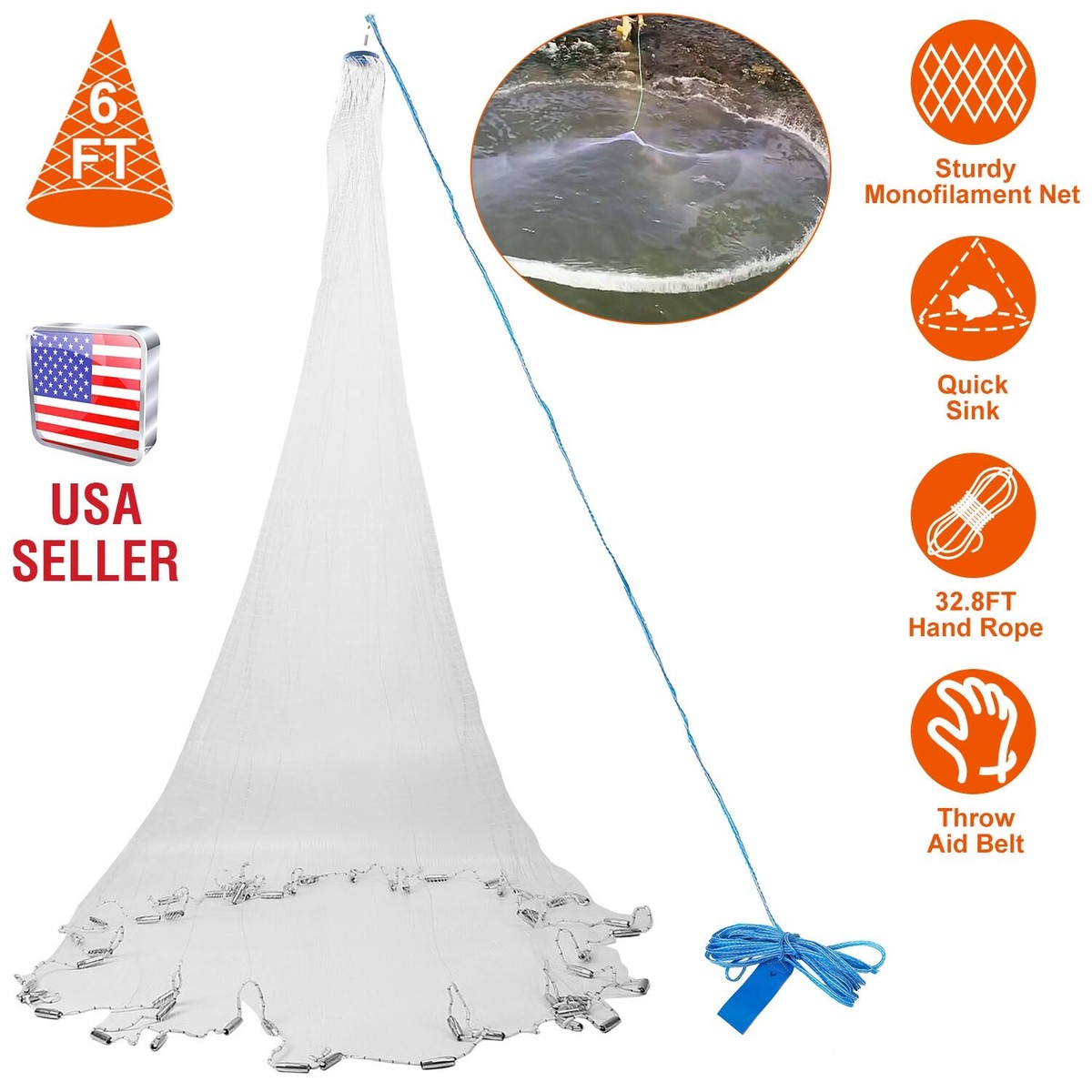 16FT Heavy Duty Nylon Saltwater Fishing Cast Net for Bait Trap