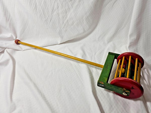 Vintage Mid Century 1950s Fisher Price Wooden Roller Children's Push Pull Mower
