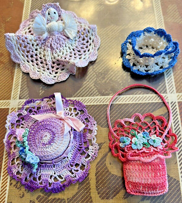 4-pc crocheted miniatures: red basket, purple hat, lavender angel, blue/ecru cup