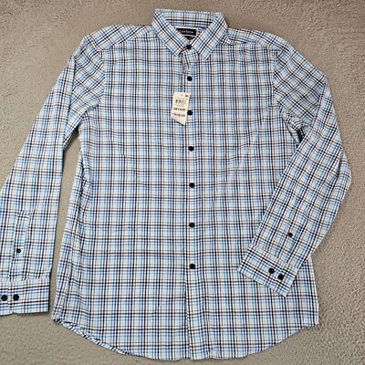 Club Room Dress Shirt Mens Medium Blue Check Performance Travel Button Up NWT