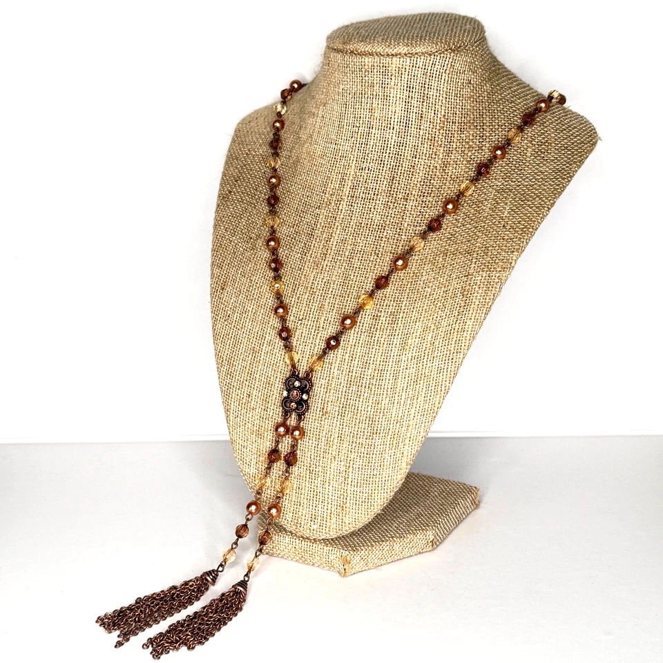 Collar estilo aleta 1928 borlas Lariat perlas de imitación cuentas de cristal tono dorado Foto 2 de 4