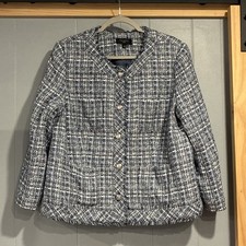 Talbots Size 16P Blue White Tweed Blazer Jacket 16 Petite Fringe Detail