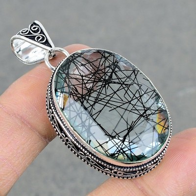 Faceted Black Rutile Oval Shape Gemstone Vintage Jewelry Handmade Pendant 2.3''