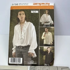 Simplicity Pattern 3758 Mens Misses Renaissance Poet Pirate Puffy Shirt Sz XS-XL