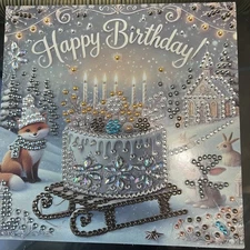 Blingy Rhinestone Winter Birthday Card w/ Cake Blank Back For Your Own Message
