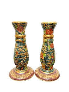 Vintage Satsuma Style Candlestick Holders Set of 2 Floral