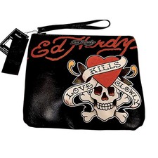 NEW Ed Hardy Wristlet Zip Clutch Black Moto Purse Skull Roses Punk Skater Love