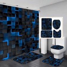 4Pcs Blue Shower Curtain Set 3D Cubes Bathroom Sets Modern Shower Curtain Set