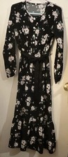 Shein Black Floral Belted Midi Dress Size M V-Neck Long Sleeve Tie Waist