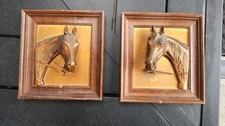 vintage Pair of Western Copper/Bronze Horse Heads 3D Relief wood Framed