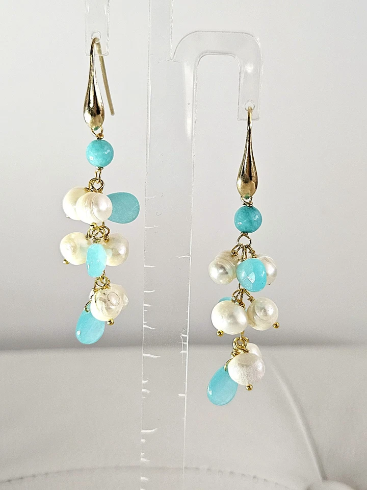 orecchini in argento 925, calcedonio, amazzonite e perle - Immagine 3 di 4