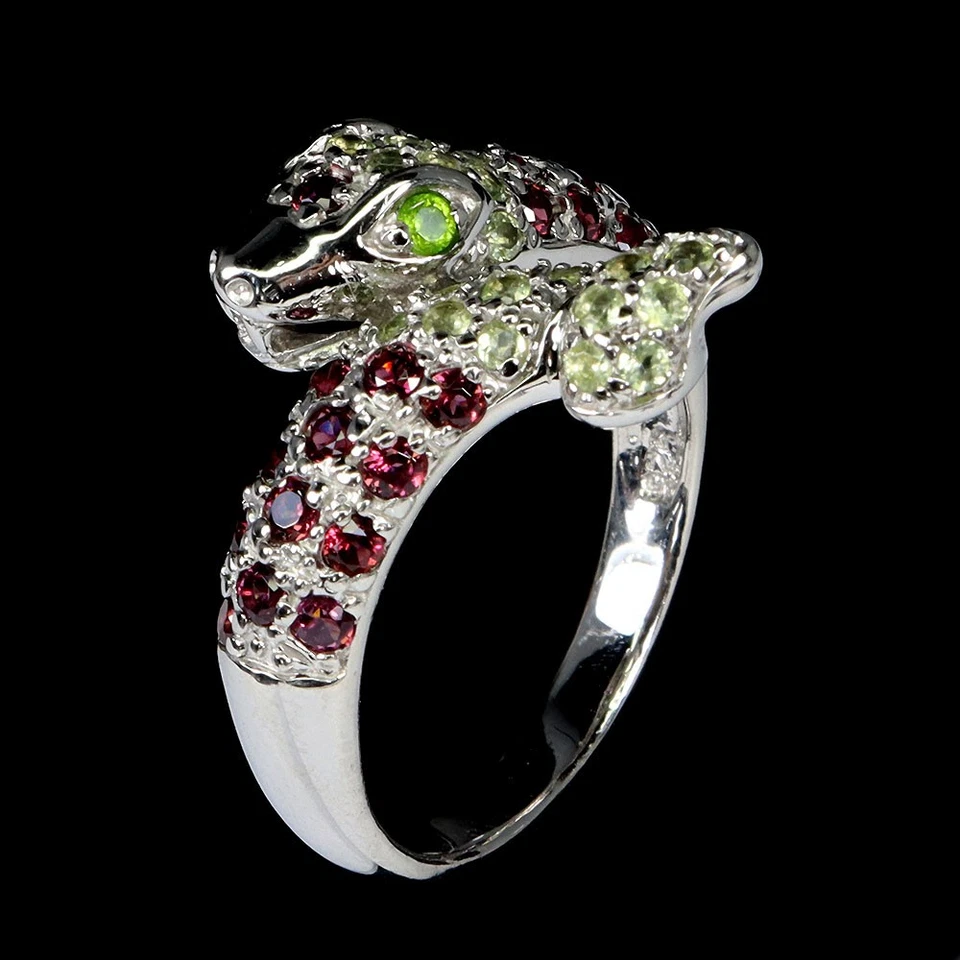 925 纯银戒指 圆形 Peridot Rhodolite 天然宝石首饰 尺寸 8 — 第 3/4 张图片