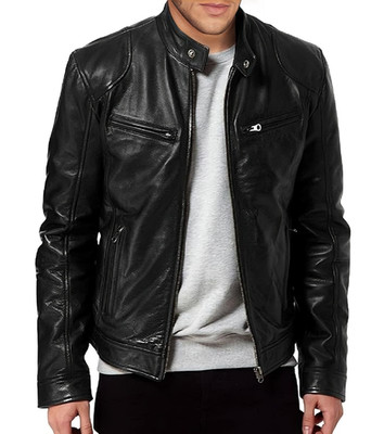 Genuine Lambskin Leather Motorcycle Jacket for Men   Black Cafe Racer Moto Coat