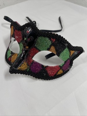 SHIMMERING Glitter Harlequin Black Green Red Diamond Pattern Mardi Gras Eye Mask