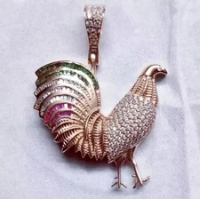 2.3Ct Round Cut Real Moissanite Rooster Charm Men's Pendant 14K Rose Gold Plated