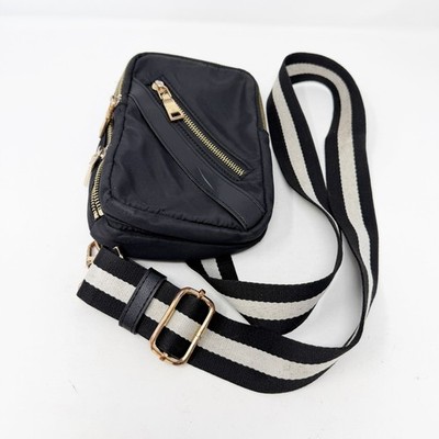 Sol and Selene Accolade Sling Bag Black Nylon Crossbody Gold Zip Stripe