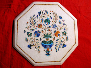 12 Inch Octagonal Marble Floral Inlay w/Semi Precious Stones Lapis Malachite