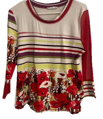 ME Paris Topaz Mixed Print Floral Stripe T4/Large France Mesh Sleeve Tunic O3