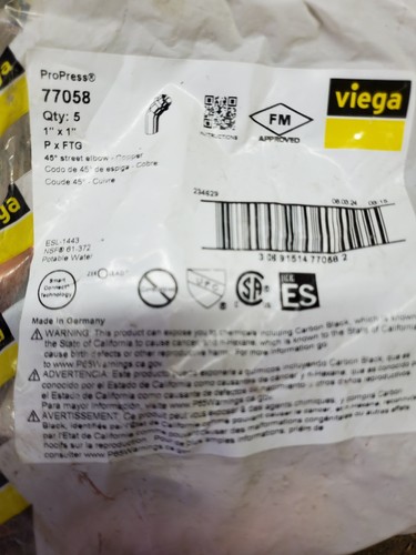 Viega ProPress 77058 1" 45 Degree Street Elbow BAG of 5. 1"x1" P x FTG NEW