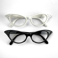 Vintage Black White Rhinestone Fashion Cateye Glasses NO RX