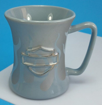 Harley Davidson Motorcycles Logo Outline Mug, Silver with Blue Flames. 12 oz.