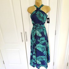 Womens Leaf Print Tropical Maxi Dress Size M Navy Green Halter Open Back Cut Out