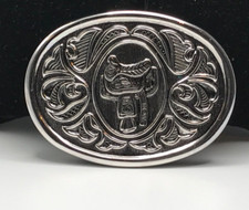 Vintage AVON Metal Silver Saddle Engraved Round Belt Buckle 2.25 x 3 Inch