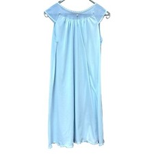 Vintage 1970s Sheer Blue Nightie Nightgown Lace Trim Attached flowers Sz M/L