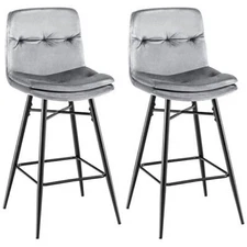 2 Pieces 29 Inch Velvet Bar Stools Set with Tufted Back and Footrests-Gray - Col