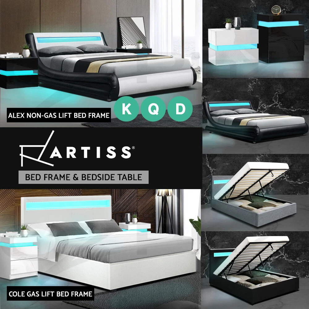 Artiss Bed Frame RGB LED Bedside Tables Double Queen King Size Gas