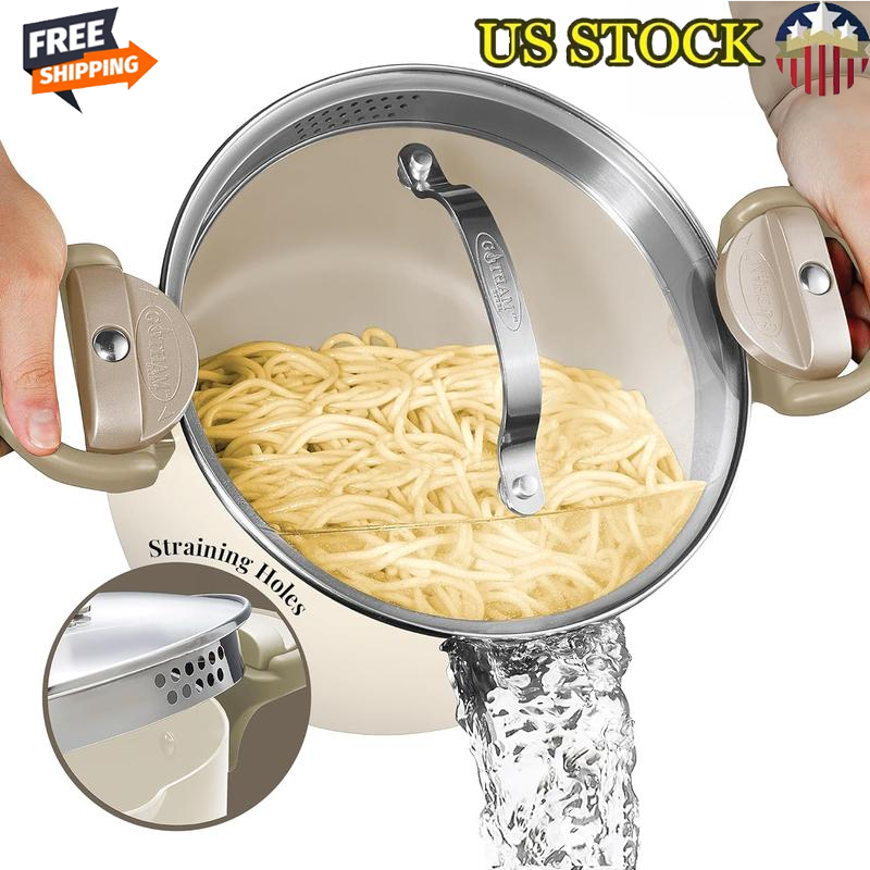 5 Quart Steel Nonstick Stock Pot W/ Straining Lid Twist Lock Handles Ceramic New