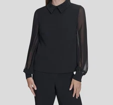Halston Women's Black Chiffon-Sleeve Rhinestone-Collar Blouse Size Large
