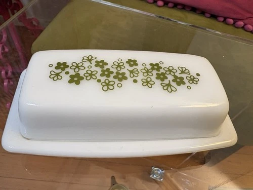 Pyrex Corelle Crazy Daisy Spring Blossom Butter Dish Vintage Green, 1/4 Pound